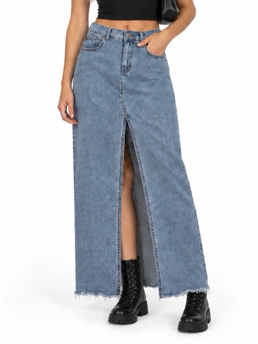 Sincerely Jules Denim Maxi Skirt Size 5/26 Y2K Front Slit Raw Hem